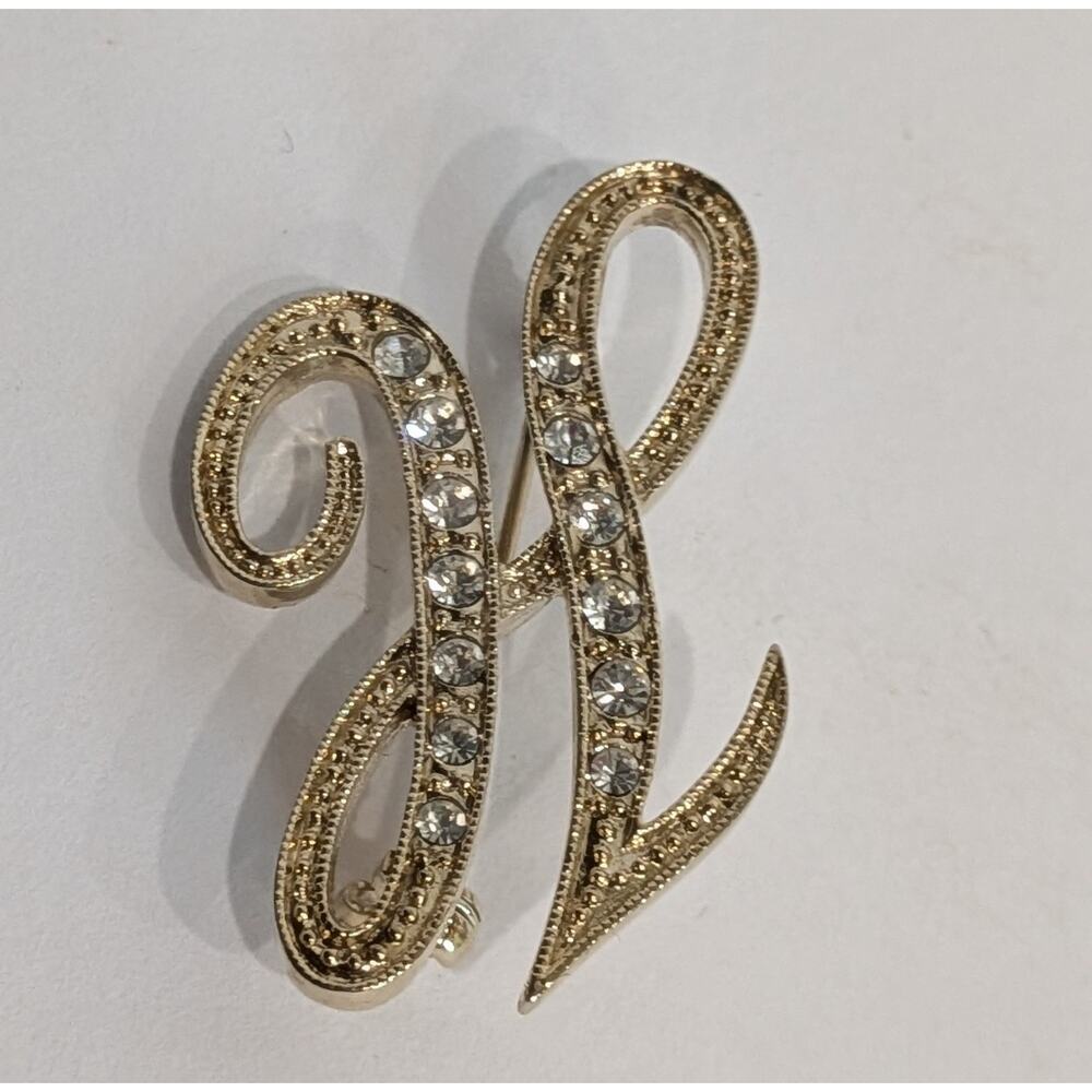 Vintage Rhinestone Cursive Letter H Brooch Gold Tone Initial Monogram Pin